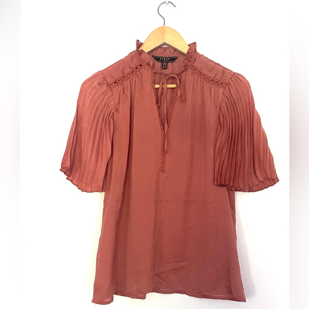 Lipsy london Mauve Blouse with Lace Accents pleated sleeves 6